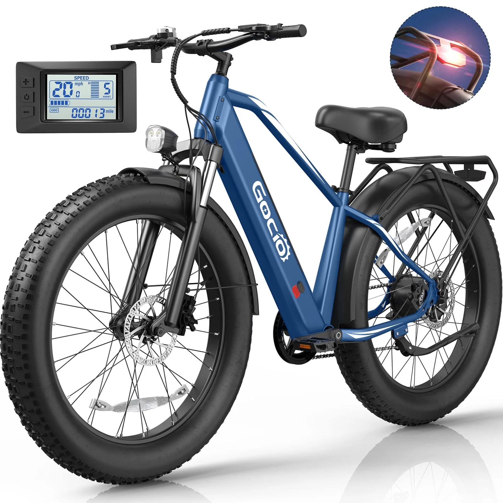 Gocio Peak 1000W Electric Mountain Bike, 26″ x 4.0″ Fat Tire Electric Bike, 48V 15Ah Battery, 28MPH Adult Electric Bicycle with Taillight, Control Cruise Mode, Ebike for Off Road, Snow, Sand, UL2849
