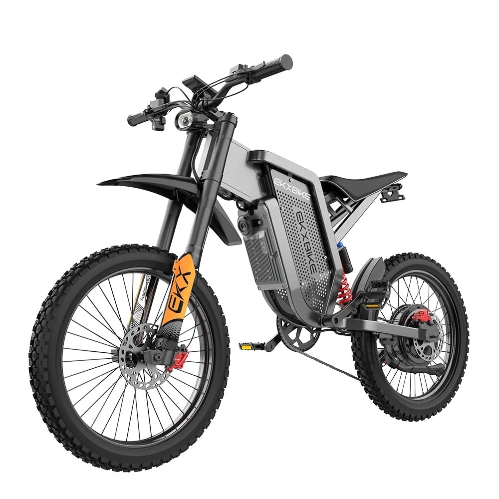 X21 MAX 6000W Peak Power Motor: The EKX X21 MAX is a robust electric off-road motorcycle boasting a maximum speed of 53mph and an extensive range of up to 60 miles. Equipped with a 3000w nominal (6000w peak) motor and a 60V 30Ah Samsung battery, it offers substantial power and endurance. Additionally, it comes with complete suspension, hydraulic brakes both at the front and rear, as well as front and rear lights for enhanced visibility
