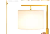 SUNMORY Iron Modern Standing Lamp, Gold Floor Lamp for Living Room, with Rotary Switch, Hanging Shade and 3 Color Temperatures 9W Bulb for Bedroom, Study Room, Office