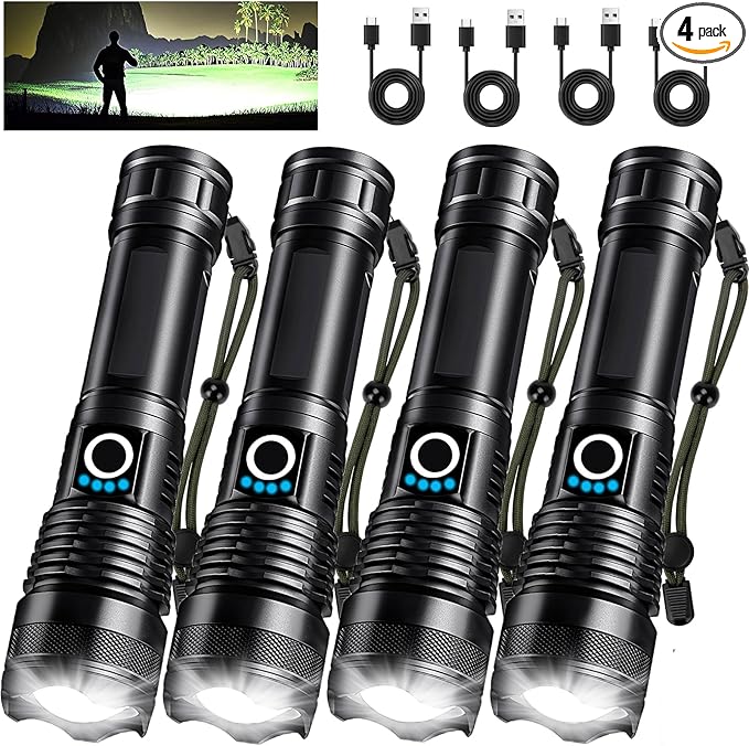4 Pack Rechargeable LED Flashlights High Lumens, 9000LM Super Bright Flashlight, Adjustable Powerful Flash Light with USB Cable & 5 Modes, Waterproof Handheld Flashlight for Home Camping Near Me