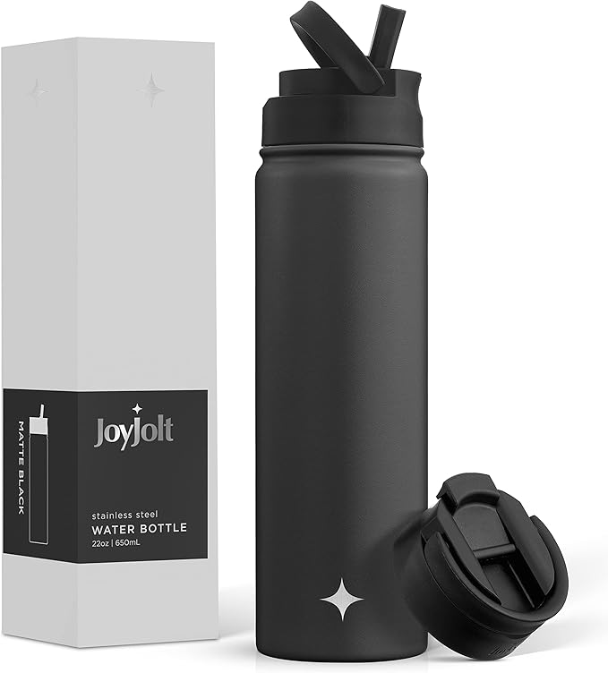 JoyJolt Triple Insulated Water Bottle with Straw Lid AND Flip Lid! 22oz Water Bottle, 12 Hour Hot/Cold Vacuum Insulated Stainless Steel Water Bottle. BPA-Free Leakproof Water Bottles – Thermos Bottle Near Me
