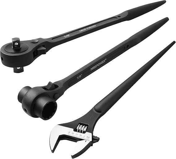 MAXPOWER 3Pcs Spud Ratchet Set, 3/4″ x 7/8″ Dual Socket Scaffold Wrench, 1/2″ x 3/8″ Dual Head Ratchet, 12 inch Spud Wrench