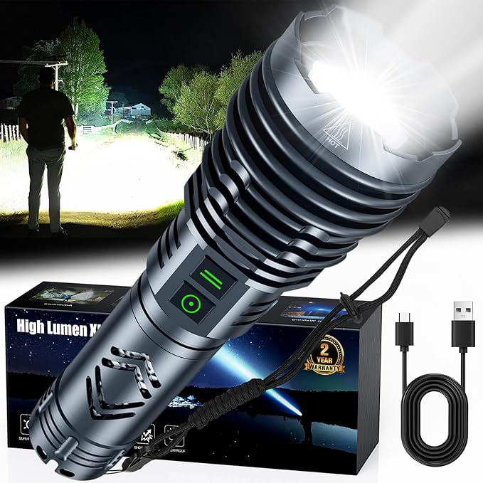 Rechargeable Flashlights High 5500.000Lumens,Super Bright LED Flashlight,Tactical Powerful Waterproof Handheld Flashlights with Zoomable 6Modes,USB Output&24H Long Life Battery for Emergency Camping Near Me