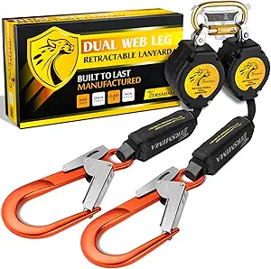 TRSMIMA Fall Protection Retractable Lanyard – 6FT Twin Leg Self Retracting Lanyard Tangle-Free Webbing Shock Absorber Dual Aluminum Pelican Rebar Hook Aluminum Carabiner OSHA ANSI
