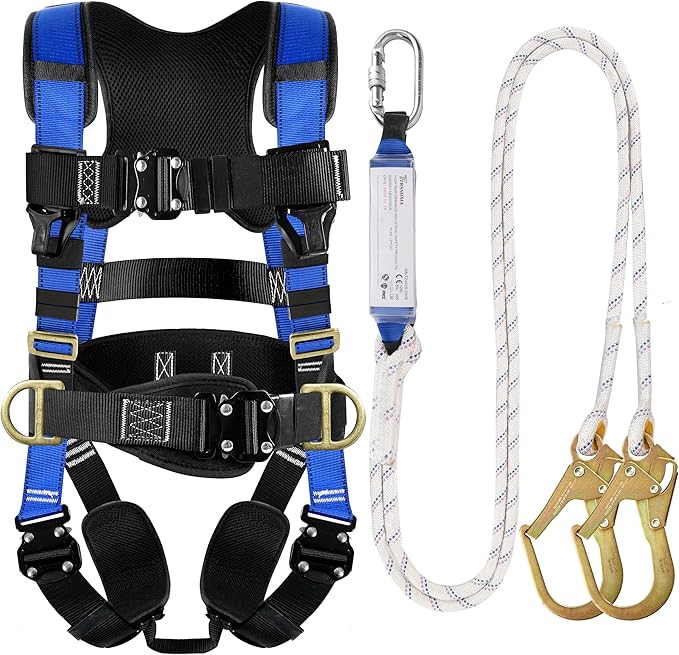 TRSMIMA Safety Harness Fall Protection – Roofing Harness Kit Men Full Body Construction Harness with Lanyard for Work Upgrade 4 Quick Buckles