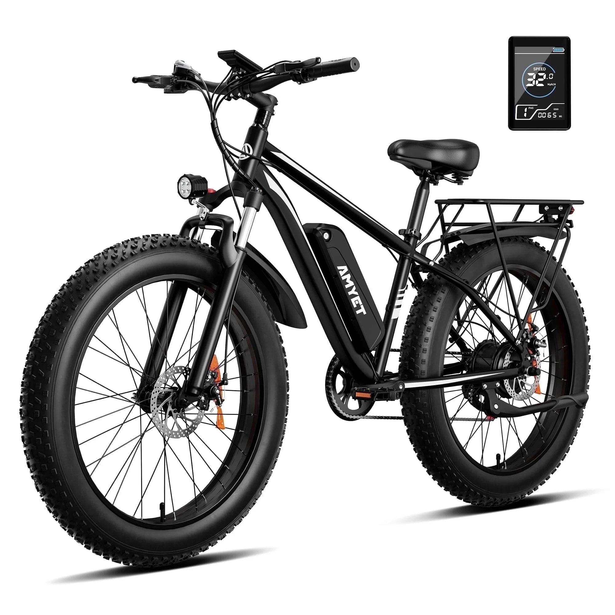 AMYET EB26 Electric Bike for Adults, 26*4.0 Fat Tire E-Mountain Bicycle,Peak 1500W Motor 48V 15Ah 7-Speed Ebike UL2849