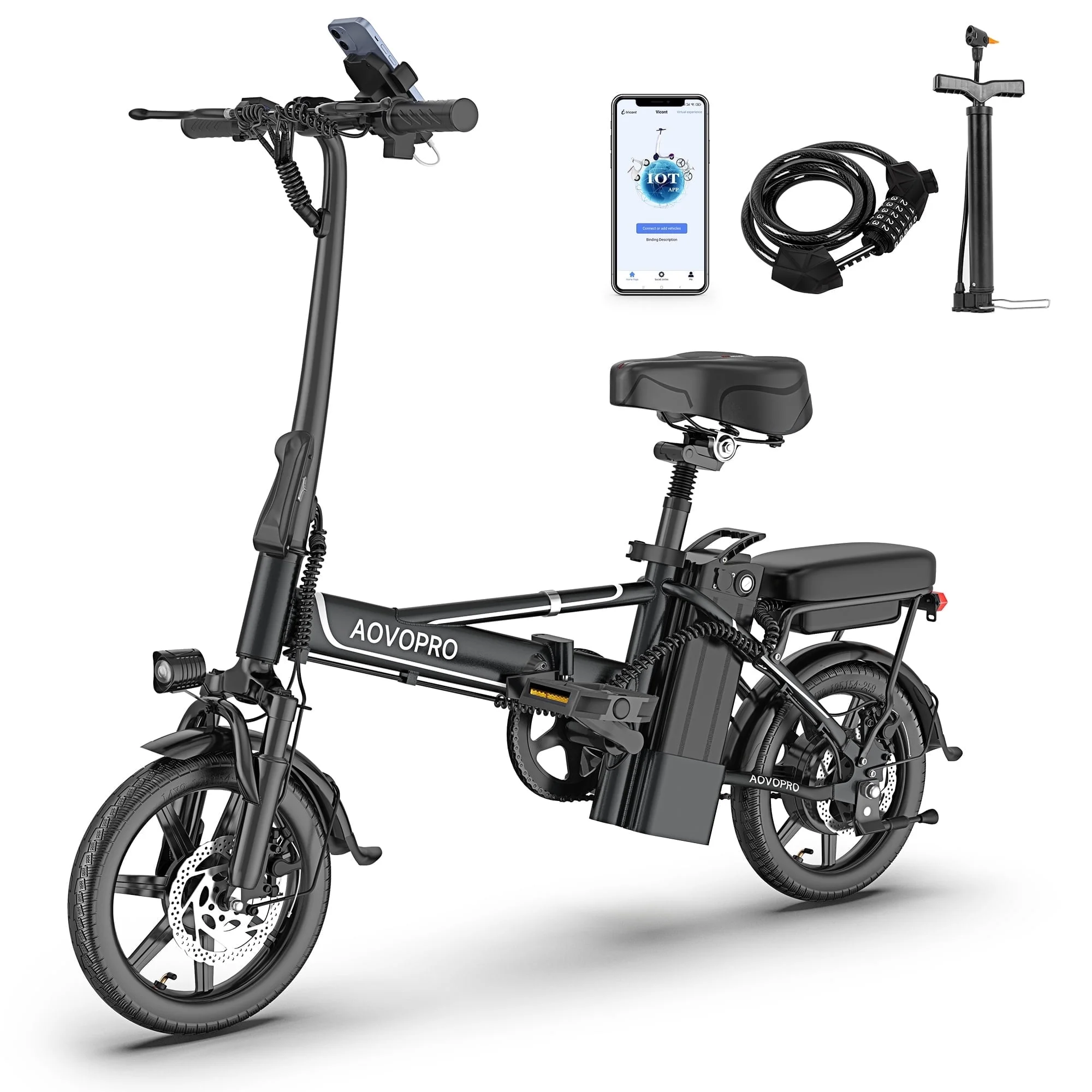 AOVOPRO EB60 Black Electric Bike 500W 48V, 14′ Mini Ebike for City Commuter, Folding Electric Bicycle for Adult with Two Seats UL2849