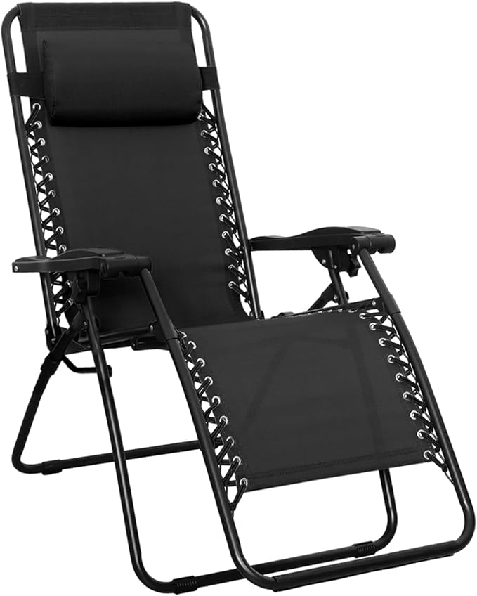 Amazon Basics Outdoor Patio Zero Gravity Lounge Chair with Pillow, Folding Reclining and Textilene Adjustable, Folding Lounge Lawn Chairs for Outside, 26″, Black