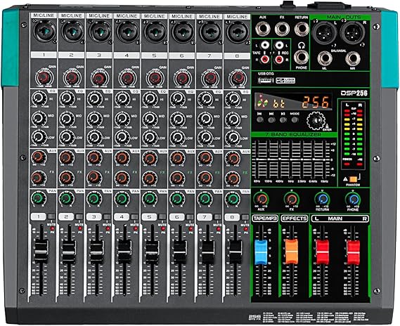 Depusheng PA8 Professional Audio Mixer Sound Board Console Desk System Interface 8 Channel Digital USB Bluetooth MP3 Computer Input 48V Phantom Power Built-in 256 Reverb Effect, Black