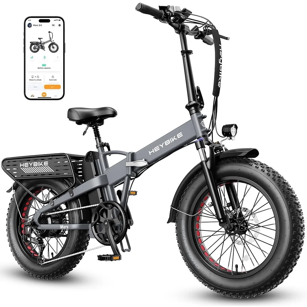 Heybike Mars 2.0 Fat Tire Electric Bike for Adults with 750W Motor, Foldable Ebike with 600Wh Removable Battery, 20″ Electric Mountain Bicycle, Full Suspension, UL2849