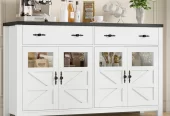 Homfa Farmhouse Kitchen Buffet Cabinet with Storage Drawer & Adjustable Shelf, Glass Door Wood Sideboard Credenza Coffee Bar with for Dining Room Living Room, White & Black