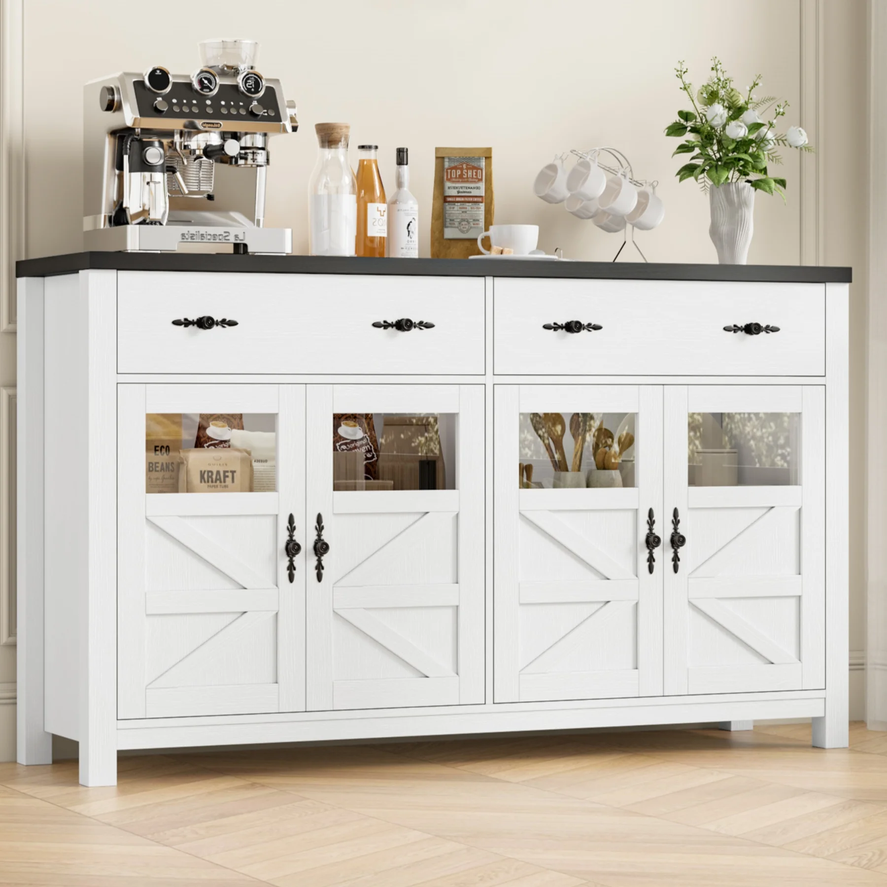 Homfa Farmhouse Kitchen Buffet Cabinet with Storage Drawer & Adjustable Shelf, Glass Door Wood Sideboard Credenza Coffee Bar with for Dining Room Living Room, White & Black