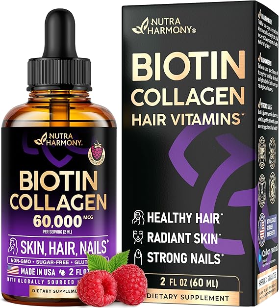 Liquid Biotin & Collagen – Vitamins for Hair Growth Support for Women & Men – Extra Strength 60000 mcg Drops – B7 Supplement – Strong Nails & Healthy Skin – 98% Faster Absorption Than Pills