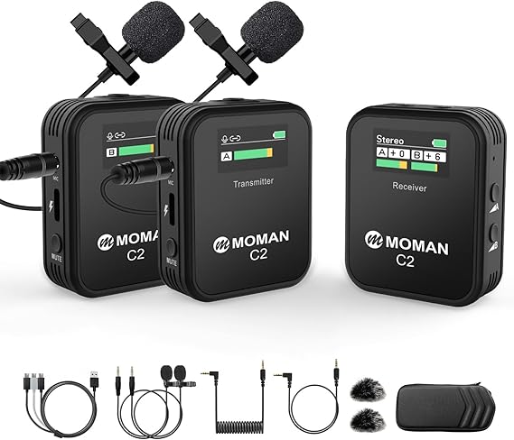 Moman Wireless Lavalier Microphone C2X, 2.4G Dual Transmitter Lapel Mic 656FT 8H for Online Class Vlog Stream YouTube for Camera Smartphone Tablet (C2X Dual)