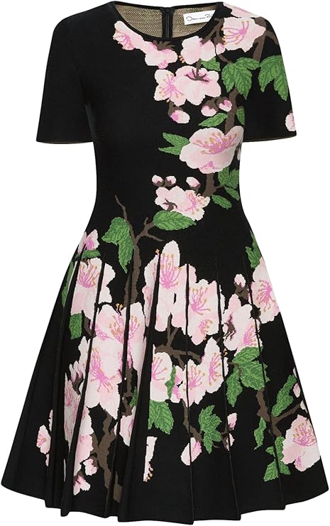 Oscar de la Renta Cherry Blossom Pleated Jacquard Dress