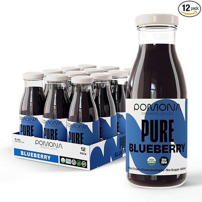 POMONA Organic Pure Blueberry Juice, Cold Pressed Organic Juice, Non-GMO, No Sugar Added, Not from Concentrate, Gluten Free, Kosher Certified, Preservative Free, 8.4 oz Bottles, Pack of 12