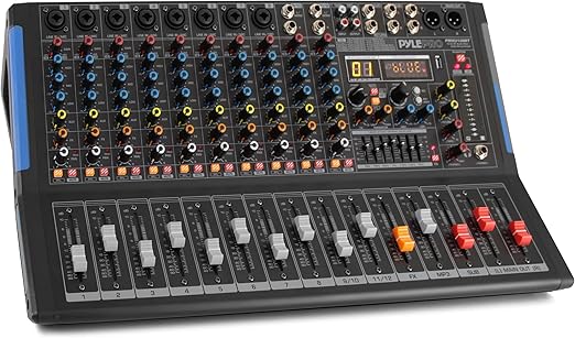 PYLE 12-Channel Bluetooth Studio Audio Mixer – DJ Sound Controller Interface with USB Drive for PC Recording Input, RCA, XLR Microphone Jack, 48V Power, For Professional and Beginners – PMXU128BT