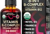 USDA Organic Vitamin B-Complex B5 Pantothenic Acid | B12 Methylcobalamin | B1 Thiamine | B6 Pyridoxine | B7 Biotin | B9 Folic | B3 Niacinamide – B Complex Liquid Drops, Made in USA Supplement, 2fl oz