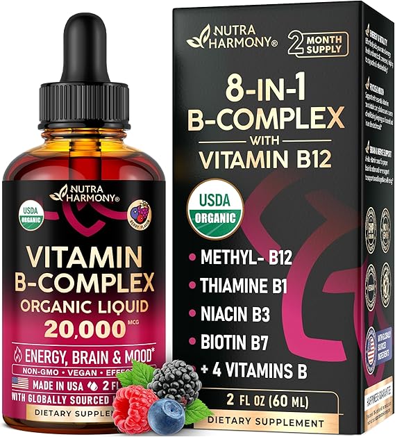 USDA Organic Vitamin B-Complex B5 Pantothenic Acid | B12 Methylcobalamin | B1 Thiamine | B6 Pyridoxine | B7 Biotin | B9 Folic | B3 Niacinamide – B Complex Liquid Drops, Made in USA Supplement, 2fl oz