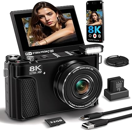 8K Digital Camera for Photography, 88MP Vlogging Camera for YouTube with 3″ 180° Flip Screen, 18X Digital Zoom Point and Shoot Cam with 32GB Micro SD Card for Beginner (Gunmetal)