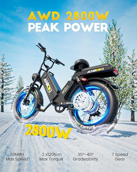 ANIIOKI Electric Bike for Adults with 60/70ah Battery, 30+ Mph Speed | 1200/2800W Peak | 200 Miles Range | Fat Tire eBike | Commuting Bike