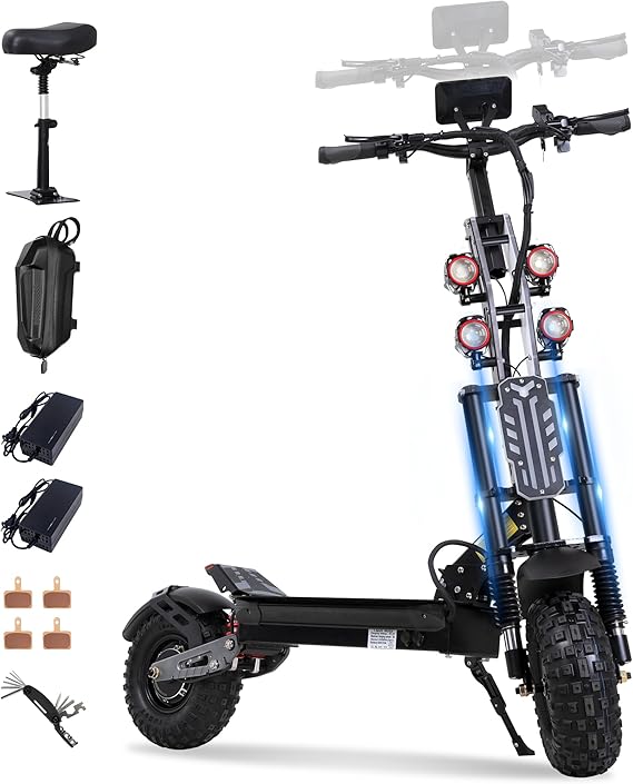 Electric Scooter Adult 7000W Brushless Motor Up to 55 MPH, 60V 33Ah Li-Ion Battery Range 65+ Miles, 13 “All Terrain Tires, Full Suspension EScooter Adjustable Handlebar Height, E-Scooter with Seat