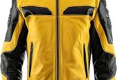 Men’s Yellow Black Leather Motorcycle Jacket with Knee & Shoulder Armor, Cafe Racer Style, Slim Fit Biker Jacket Stand Collar