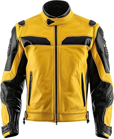 Men’s Yellow Black Leather Motorcycle Jacket with Knee & Shoulder Armor, Cafe Racer Style, Slim Fit Biker Jacket Stand Collar