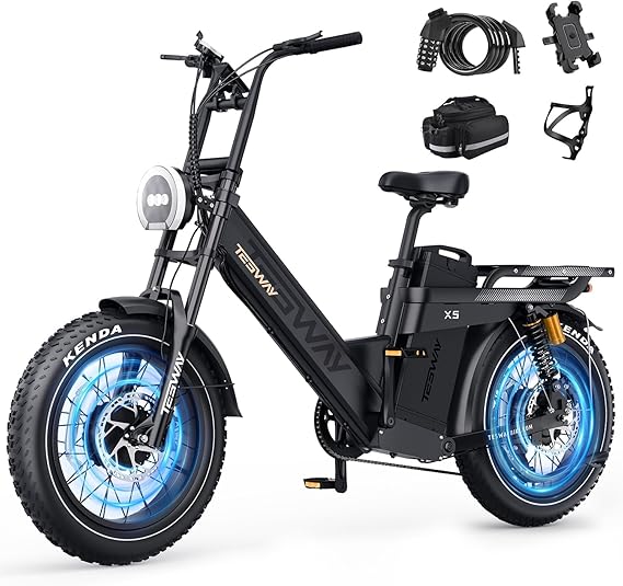 TESWAY 200Miles Ultra Long Range Dual Motor Electric Bike for Adults 52V 3000W 38MPH, UL Certified 60AH Full Suspension Step-Thru Ebike, 20″ Fat Tire 4-Piston Hydraulic Brake E Bike Commute Off-Road