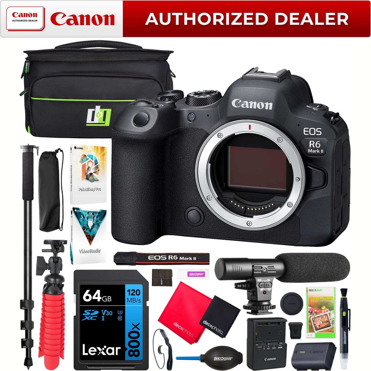 Canon EOS R6 Mark II Full Frame Mirrorless Interchangeable Lens Camera Body 5666C002 Bundle with Deco Gear Photography Bag + Microphone + Monopod + Software & Accessories Kit