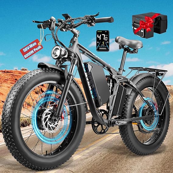 8000W Peak EBike for Adults, 34Ah 58V Max-Output 1856Wh Dual Motor Electric Bike, 47MPH Fast Ebike,Up to 105Miles 24″ x4.0 Fat Tire E Bike,Full-Suspension Mountain E-Bike for Sand Snow Beach