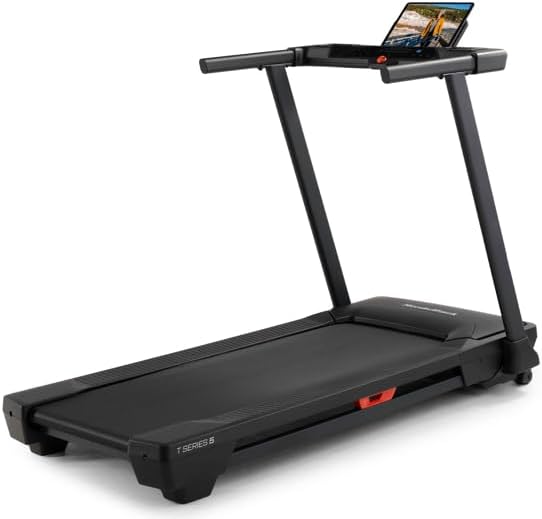NordicTrack T Series – [5″ LCD Display & Device Shelf] – See your live workout stats on the clear 5” LCD display or use your own device to follow iFIT trainers and automatically control your treadmill, all from your phone or tablet. (Train Membership Required)
