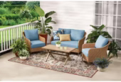 Mainstays Chelsea 4-Piece Outdoor Patio Deep Seating Set with Handwoven Wicker, Steel Frames and Blue Cushions