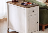 CHIC HOUSE End Tables for Living Room with Charging Station, Farmhouse Nightstand for Bedroom with Drawer Storage, Narrow Side Tables Accent Tables, Small Tables for Small Spaces, Brown & Oak,
